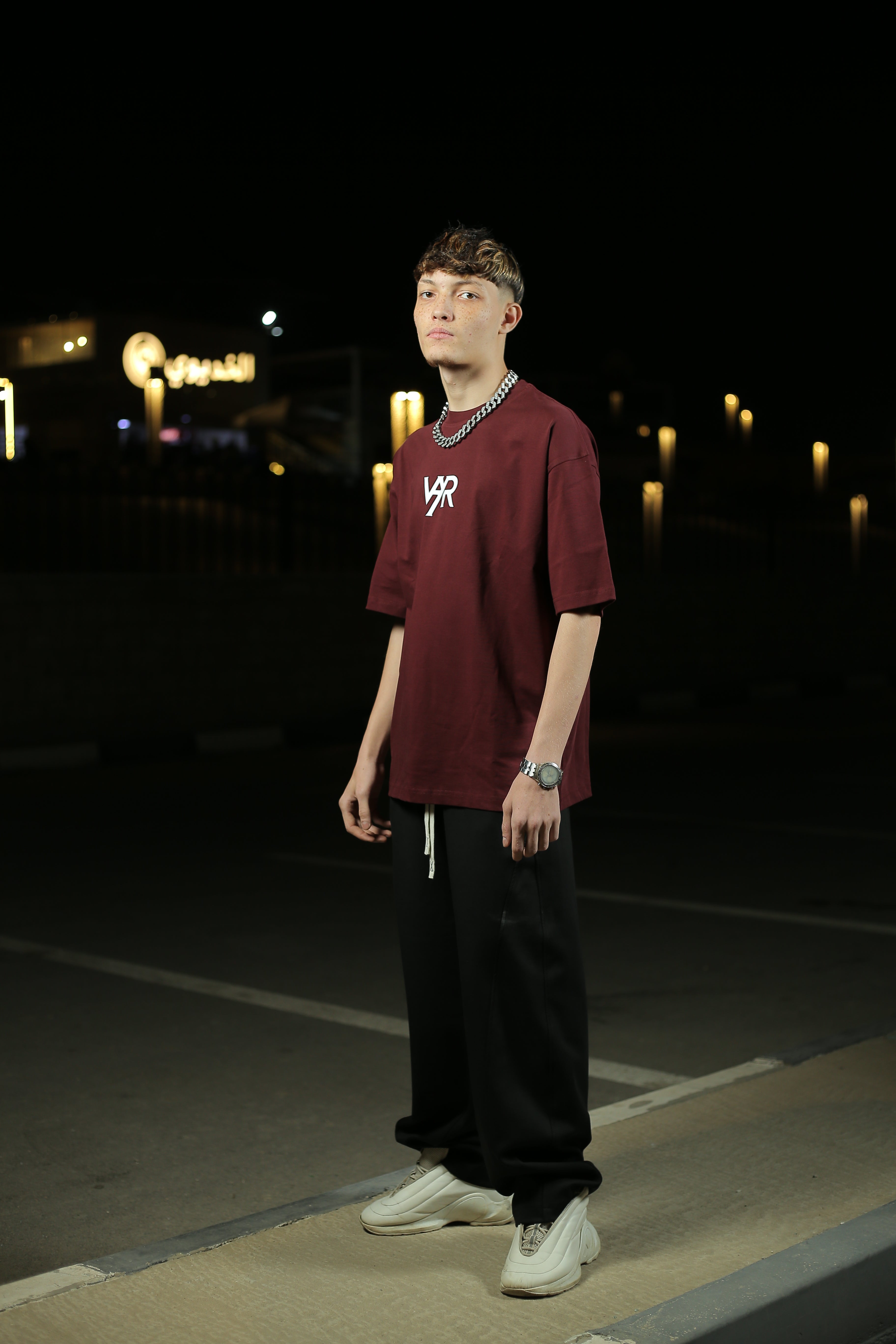 VAYR Cosmic Shadow Outfit - Eclipse Burgundy Oversized Tee paired with Shadow Black Wide-Leg Pants Streetwear