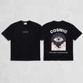 Black t-shirt with 'Cosmic' design on a gray background