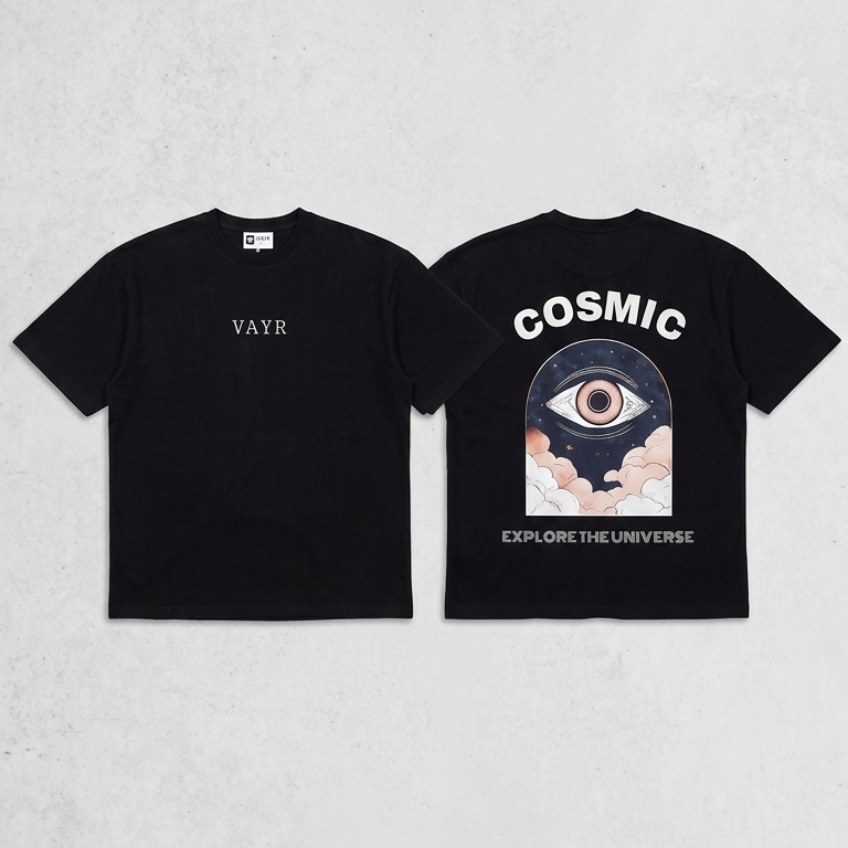 Black t-shirt with 'Cosmic' design on a gray background