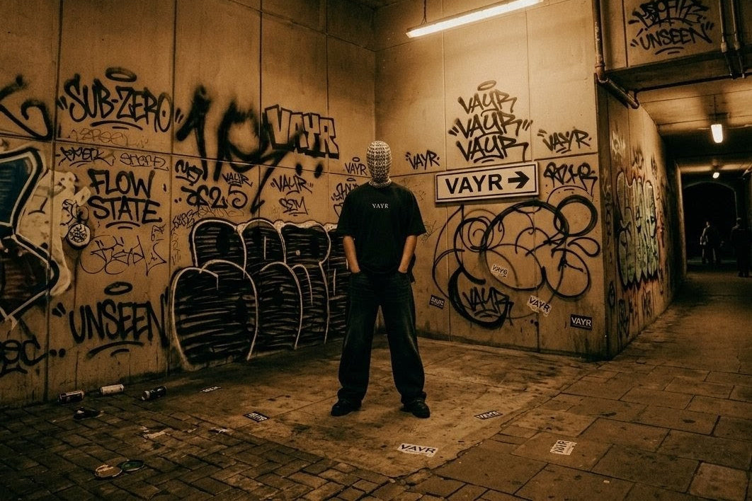 VAYR Streetwear Aesthetic - Masked Model wearing Void Black Boxy Fit Tee in Graffiti Underground Tunnel
