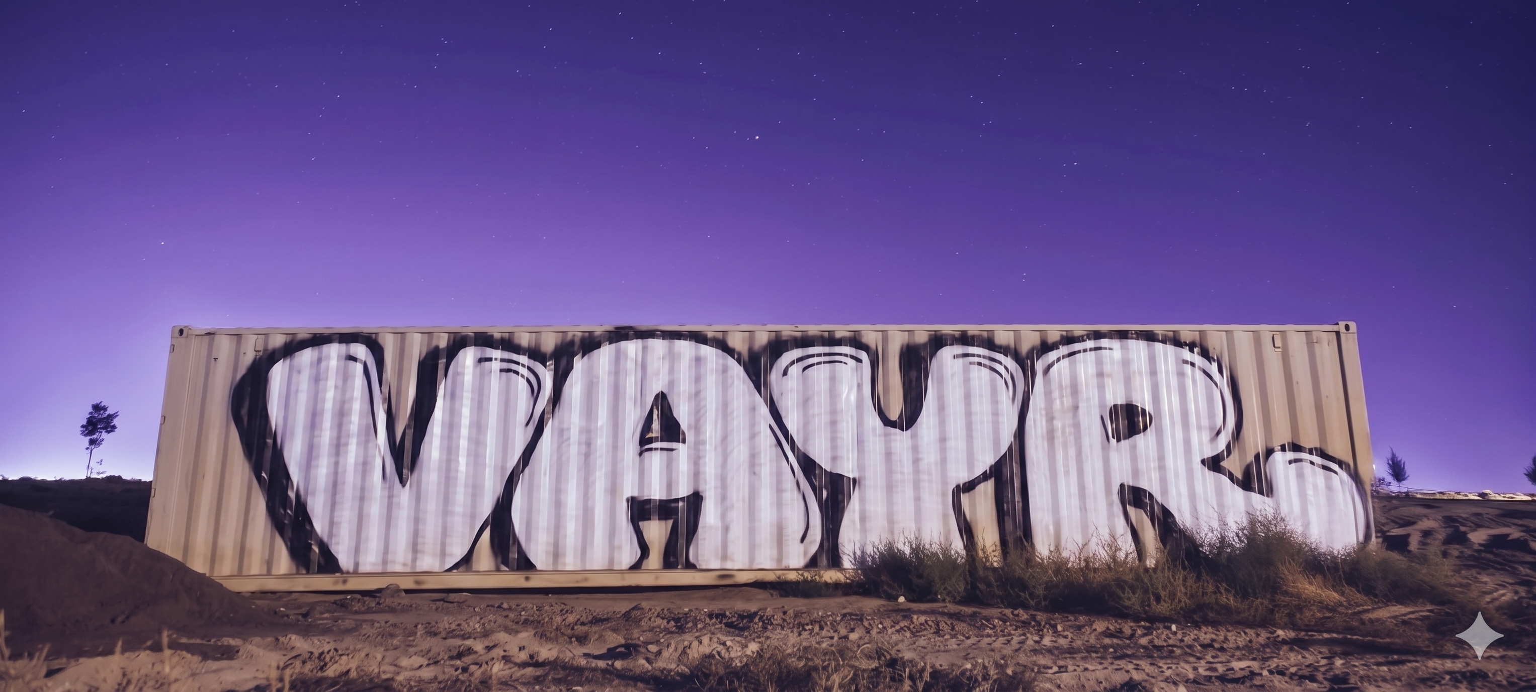 VAYR Brand Identity - Large White Graffiti Logo on Industrial Container under Cosmic Purple Night Sky
