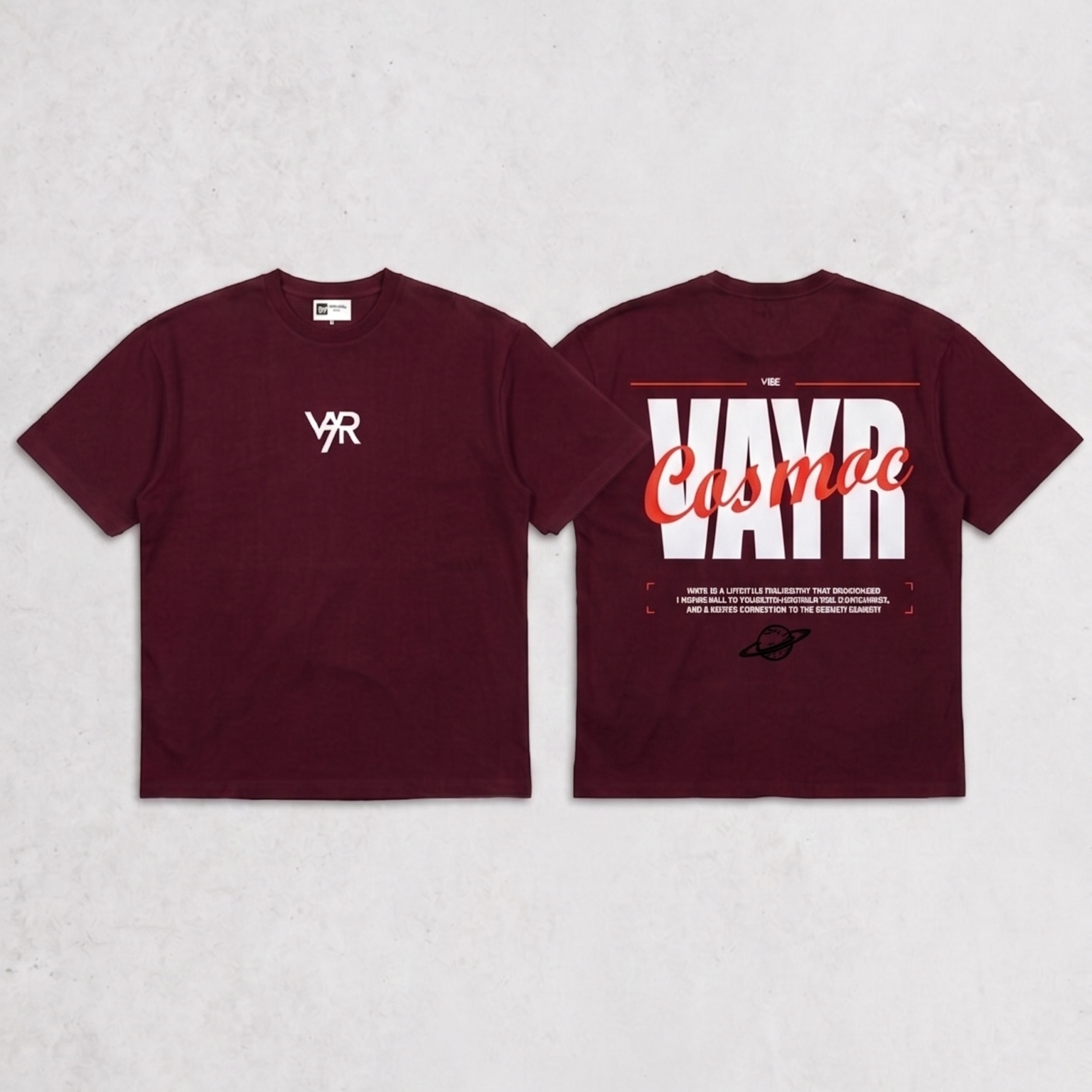 Maroon t-shirt with white and red text on a light gray background