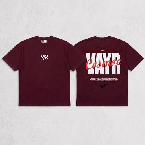 Maroon t-shirt with white and red text on a light gray background