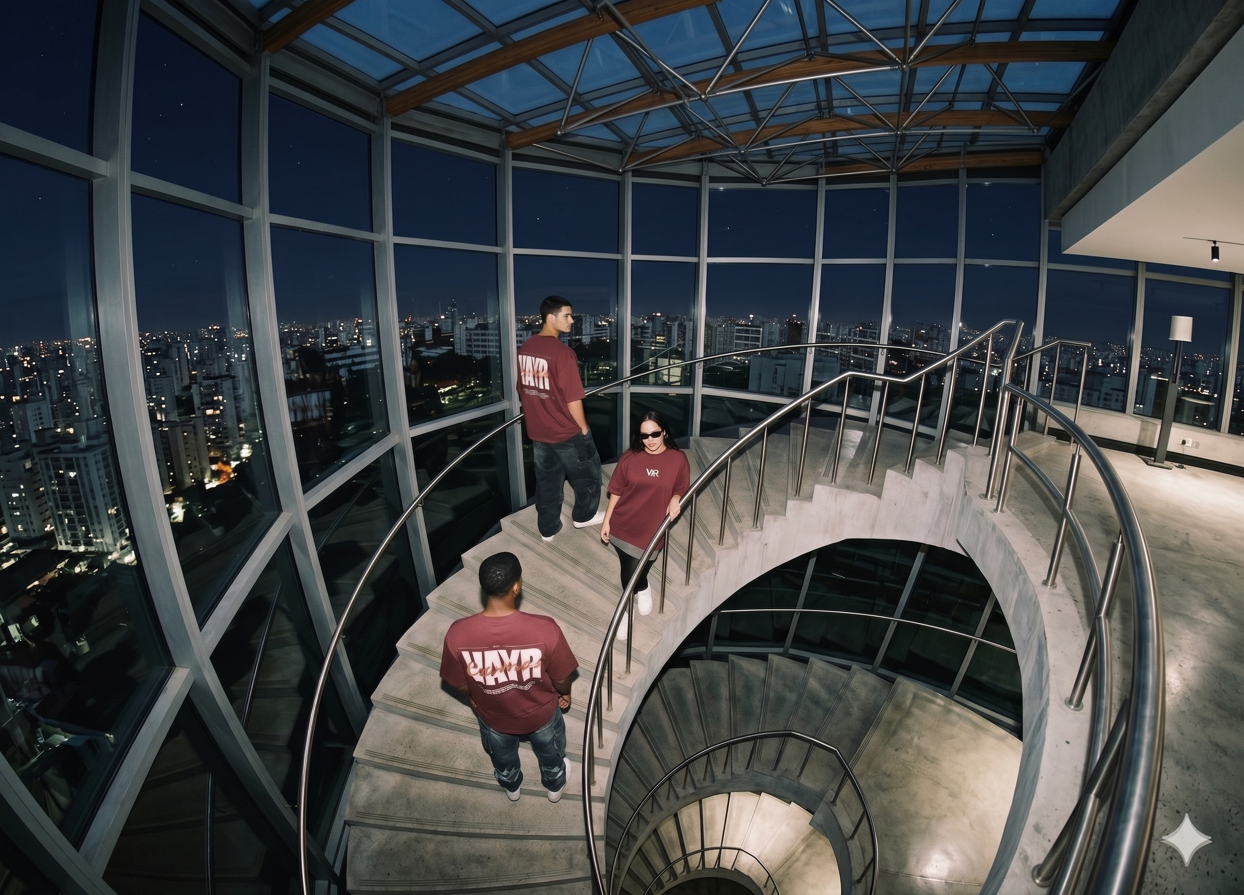 VAYR Cosmic Explosion Collection - Models wearing Eclipse Burgundy Tees in Futuristic Architectural Setting