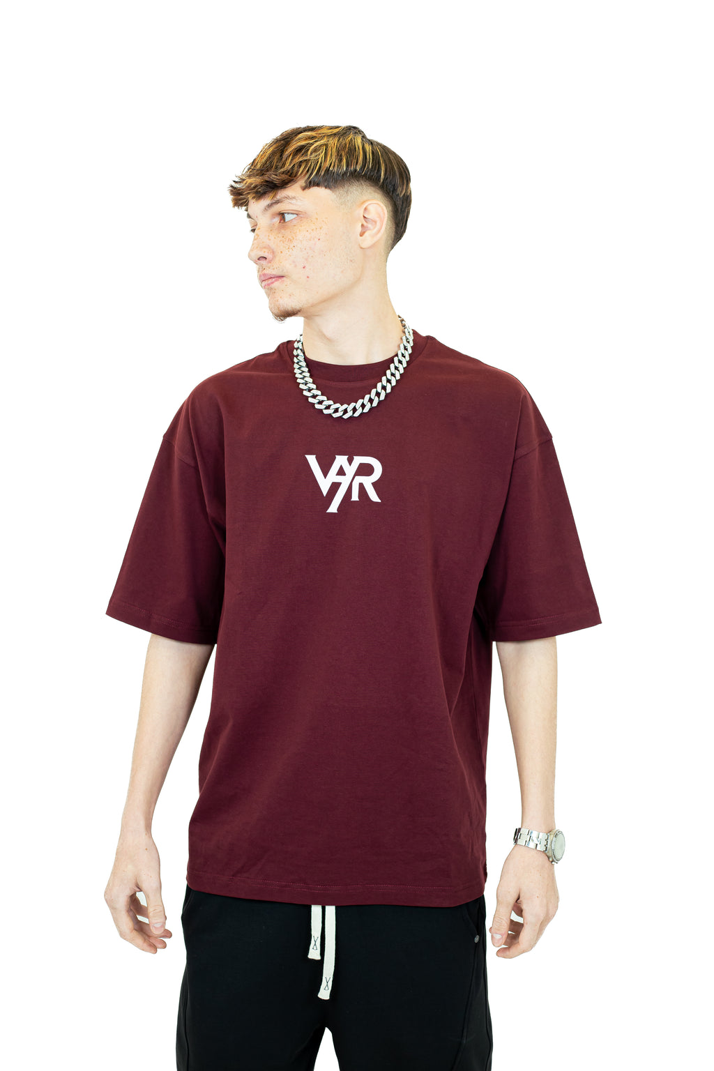 VAYR UNIT_02 Eclipse Burgundy Oversized Tee - Front View with Minimalist White Logo Streetwear Artifact