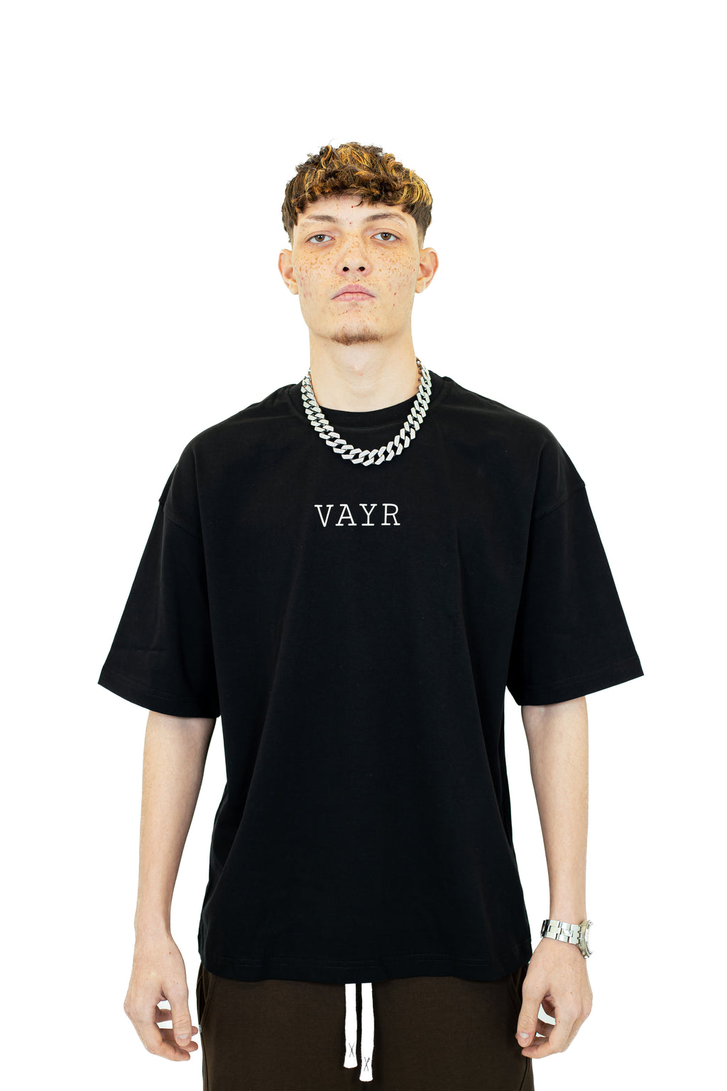 VAYR UNIT_01 Void Black Oversized Tee - Front View with High-Density White Logo 230 GSM Heavyweight Cotton