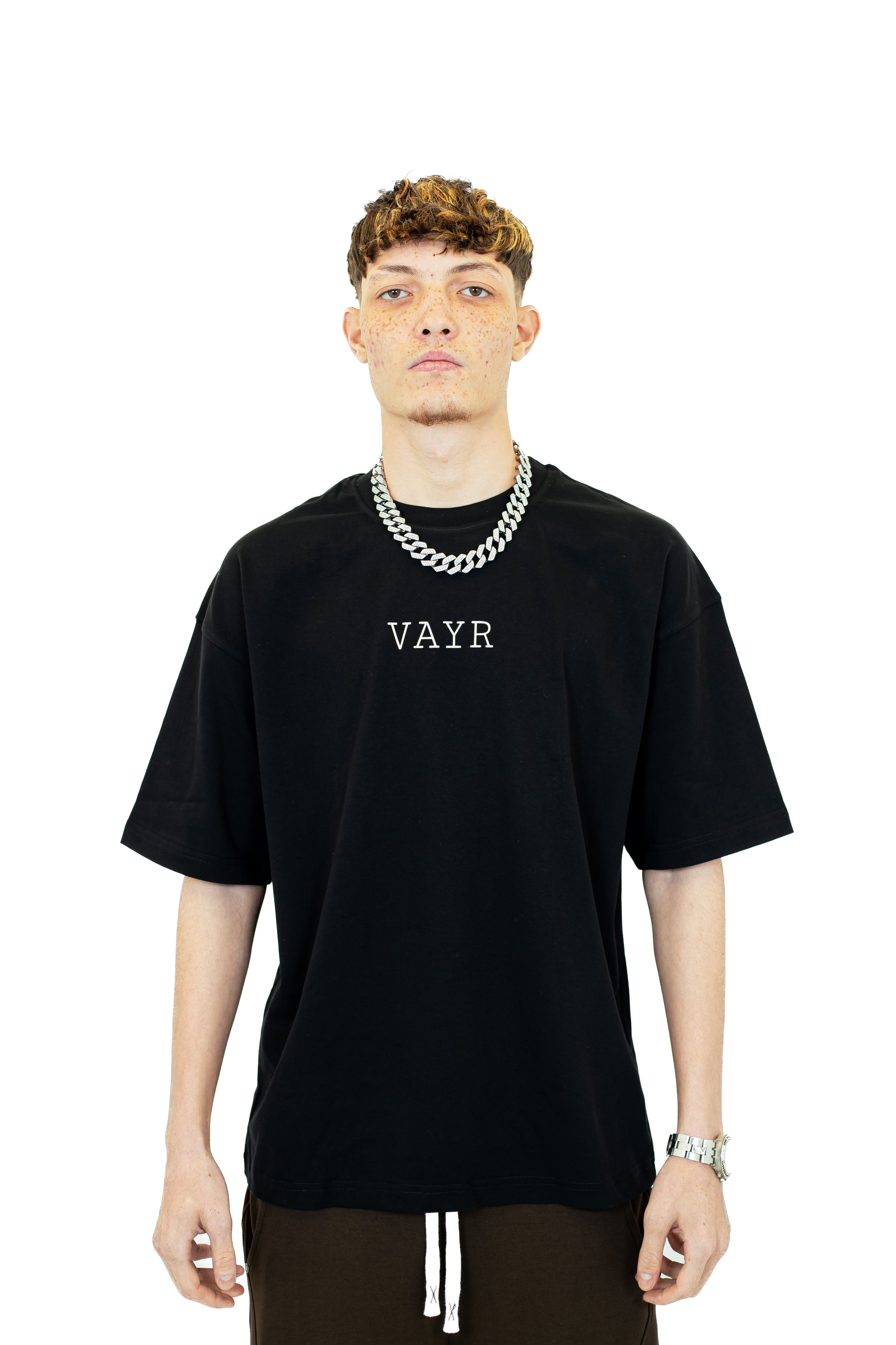 VAYR UNIT_01 Void Black Oversized Tee - Front View with High-Density White Logo 230 GSM Heavyweight Cotton