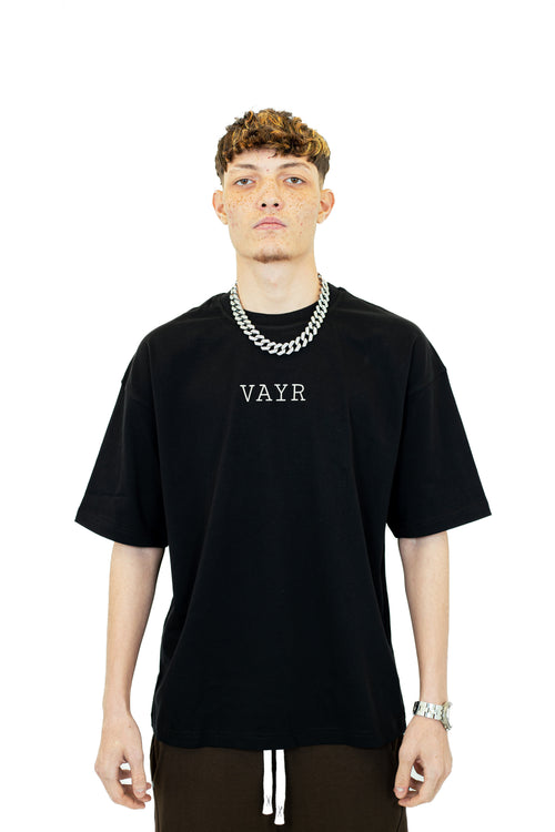 VAYR UNIT_01 Void Black Oversized Tee - Front View with High-Density White Logo 230 GSM Heavyweight Cotton